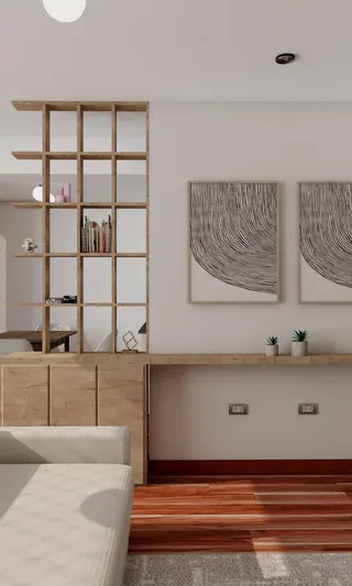 Proyecto C.A. — sala y recibidor con separador de estantería en madera natural