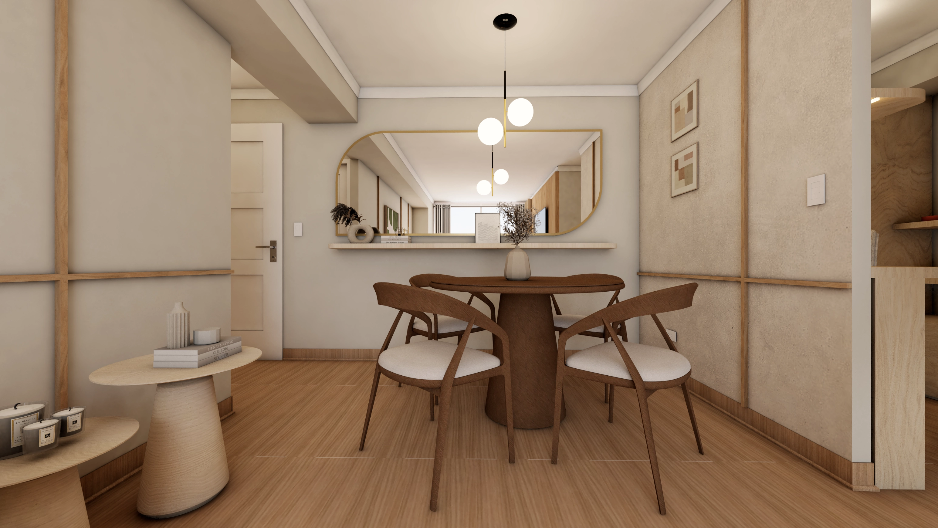 Dpto. Atlantis — sala, comedor y home office con paleta neutra y acentos verdes, Lima