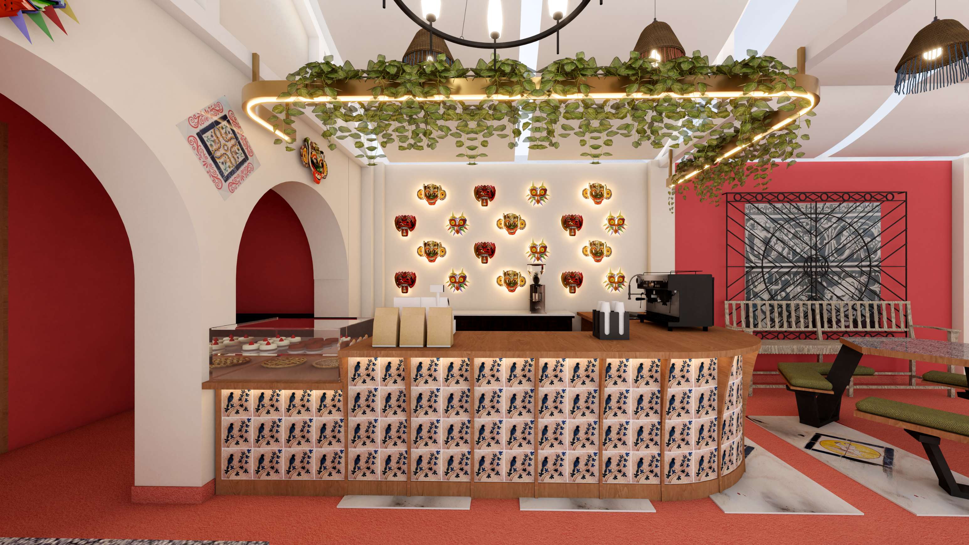 Café Cultural Tater Vera — barra con mosaicos artísticos y paleta tierra y terracota