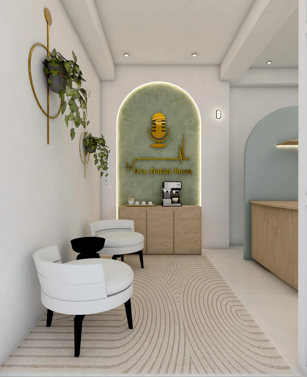 Proyecto N.M. — estudio de grabación con arco verde salvia y logo dorado de Dra. Nataly Meza