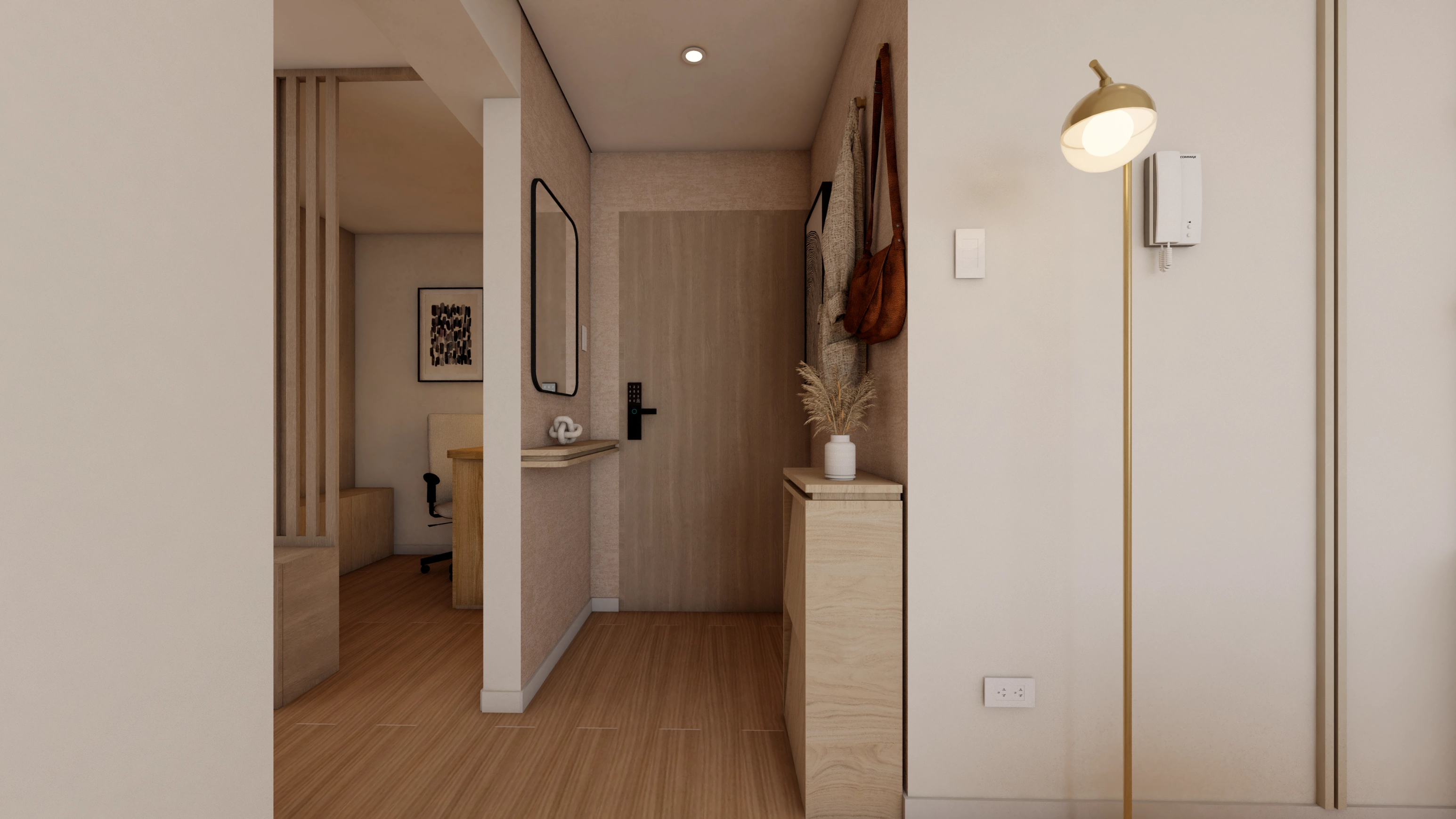 Dpto. Terra — sala y comedor con madera natural y acentos terracota