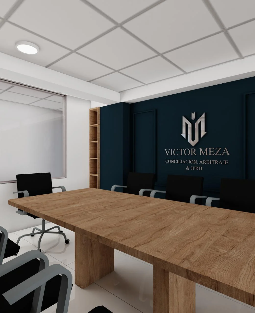 Proyecto V.M. — estudio de abogado Victor Meza con pared navy y mesa de madera