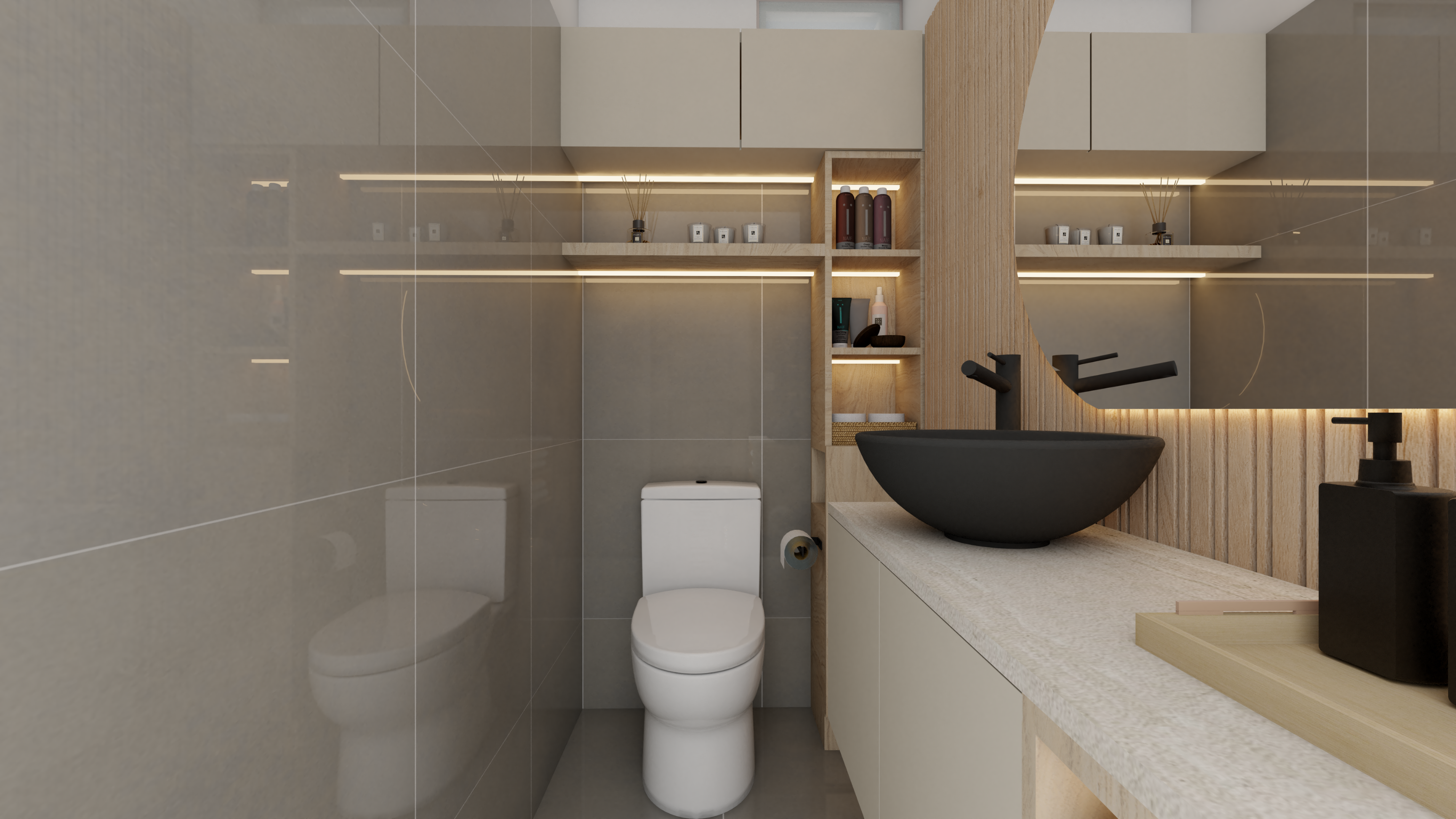 Baño de Visitas V.R. — paleta neutra, espejo gran formato e iluminación cálida, Lima